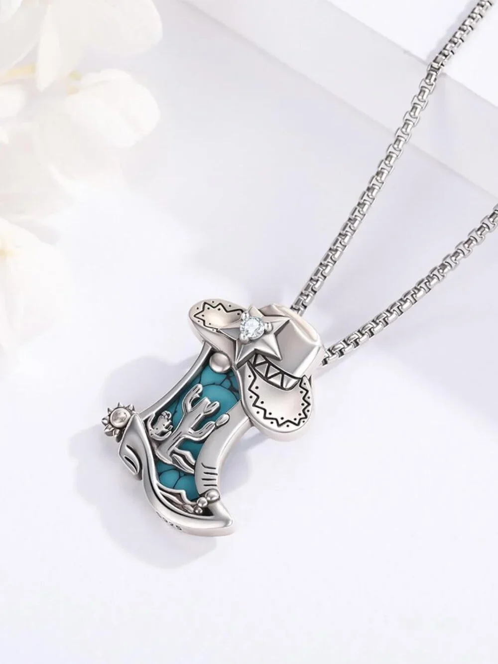 Women's Boot B Sterling Turquoise Pendant Highland Cow Skull Western Necklace